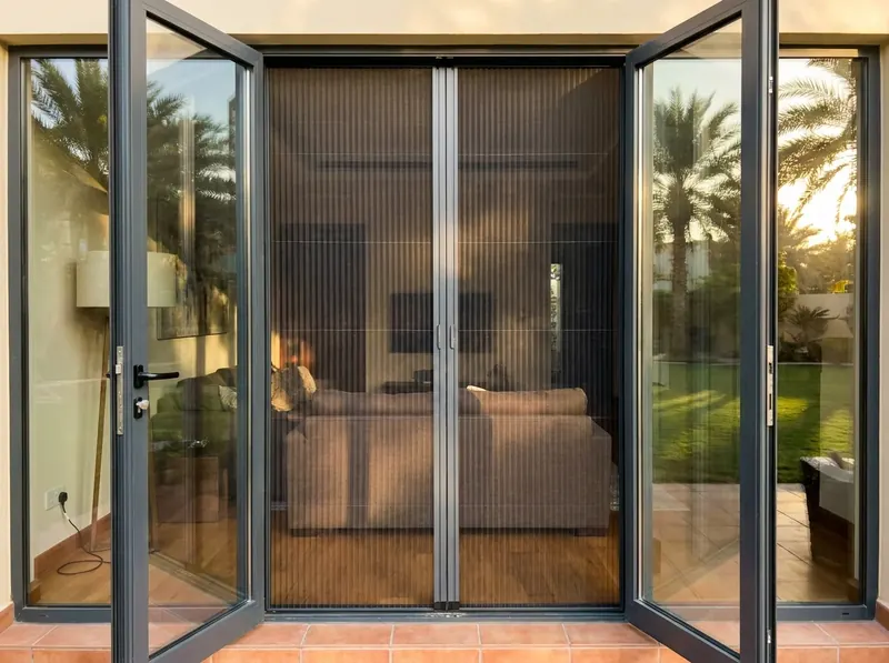 Two pleated mosquito screens meeting in the middle of villa double doors opening onto the garden
