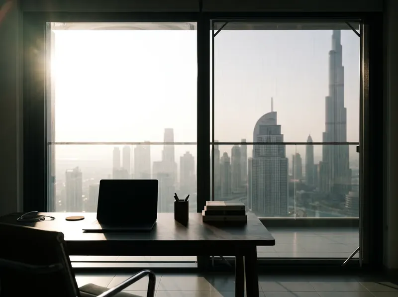 Anti-glare screen on a west Dubai window, low sun softened
