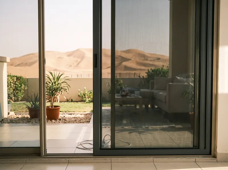 Sliding anti-dust screen on a Dubai villa door facing the desert