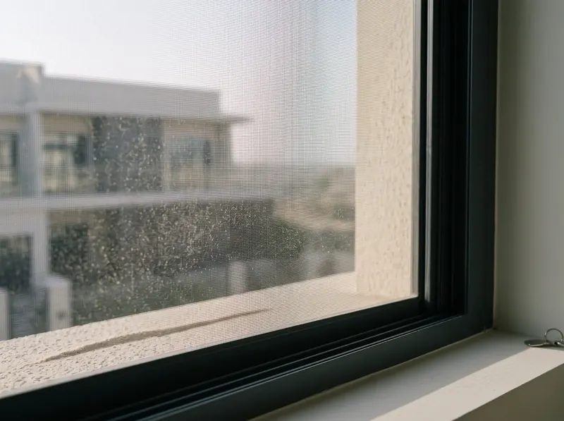 Dense anti-dust mesh on a Dubai villa window with fine shamal sand caught on its outer side