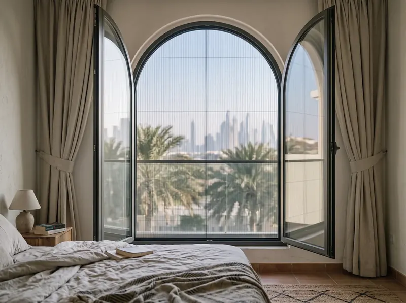 Arched villa window in Dubai with a made to measure mosquito screen following the curve