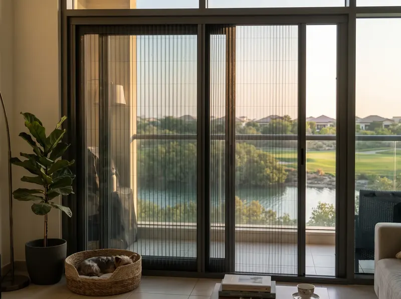 Pleated mosquito screen on the garden door of an Al Zorah villa in Ajman, mangroves and golf course beyond