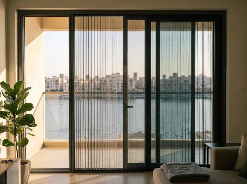 Pleated mosquito screen on a Culture Village balcony door, Dubai Creek outside