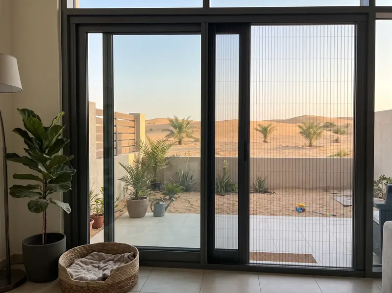 Pleated mosquito screen on the garden sliding door of a Damac Hills 2 townhouse, desert beyond the fence