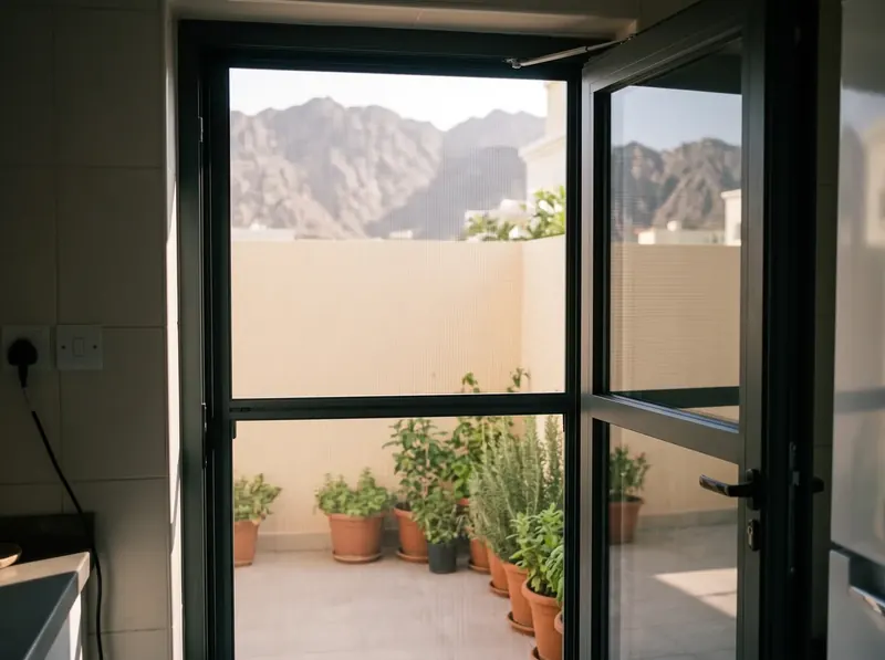 Hinged mosquito screen door on a Fujairah house, Hajar mountains behind the yard wall