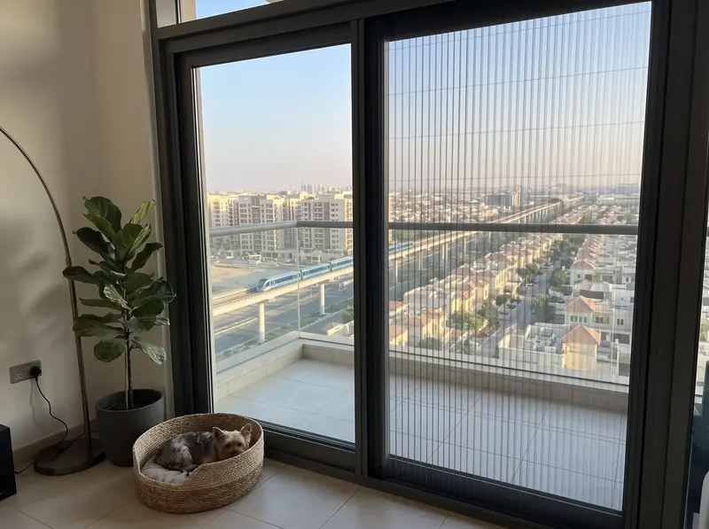 Pleated mosquito screen on the balcony door of a low-rise Al Furjan apartment, villa rooftops and the metro line beyond
