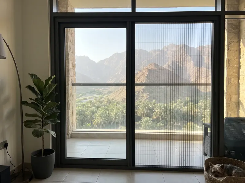 Pleated mosquito screen on a Hatta villa door, Hajar Mountains and palms behind