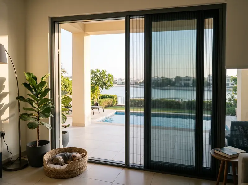 Pleated mosquito screen on the pool doors of a Jumeirah Islands villa, lake water beyond the garden