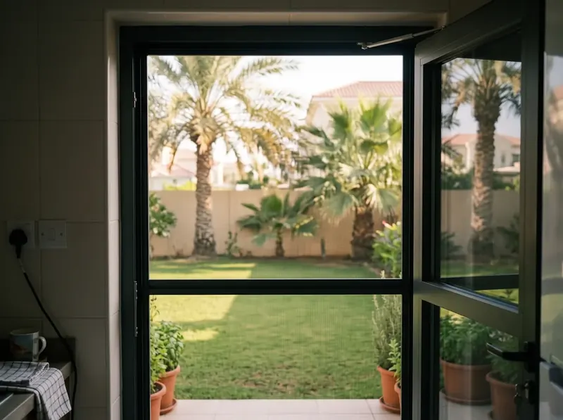 Self-closing hinged mosquito screen door at the back of a villa, opening to the lawn