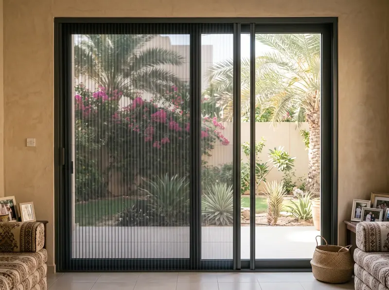 Pleated mosquito screens on the glass doors of a Khalifa City villa majlis, garden with bougainvillea