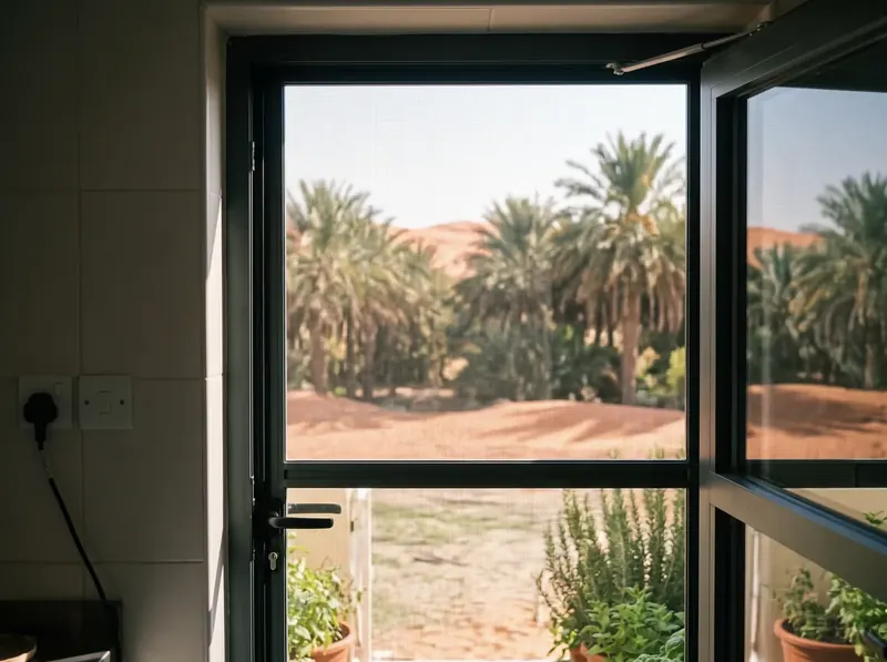 Hinged mosquito screen door on a Liwa farm house, date palms and red dunes beyond