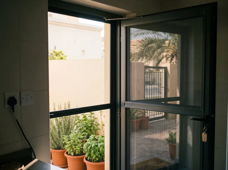 Hinged mosquito screen door on the yard door of an MBZ City compound villa, shared gate and palms behind