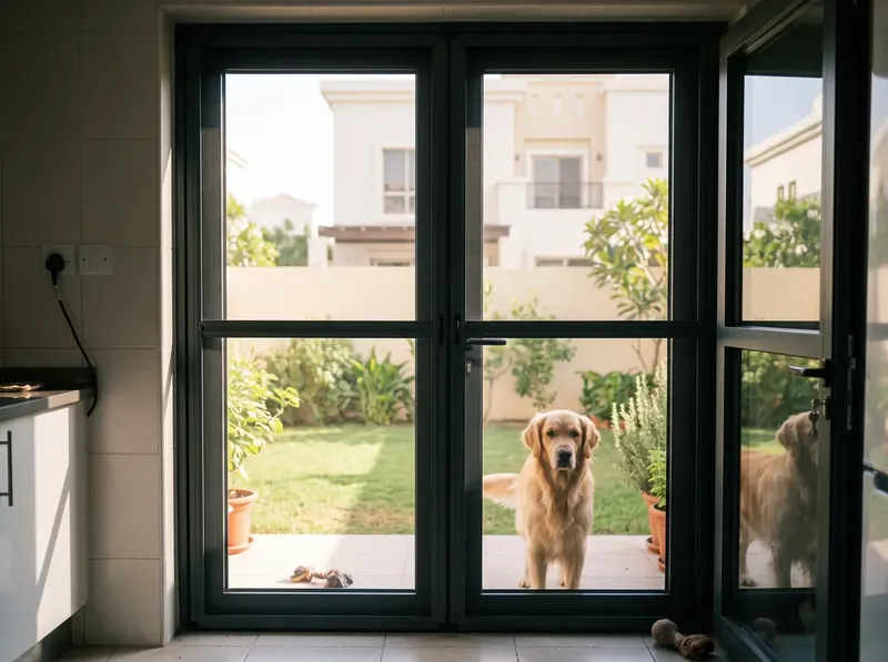 Villa French doors fitted with a matching pair of hinged mosquito screen doors