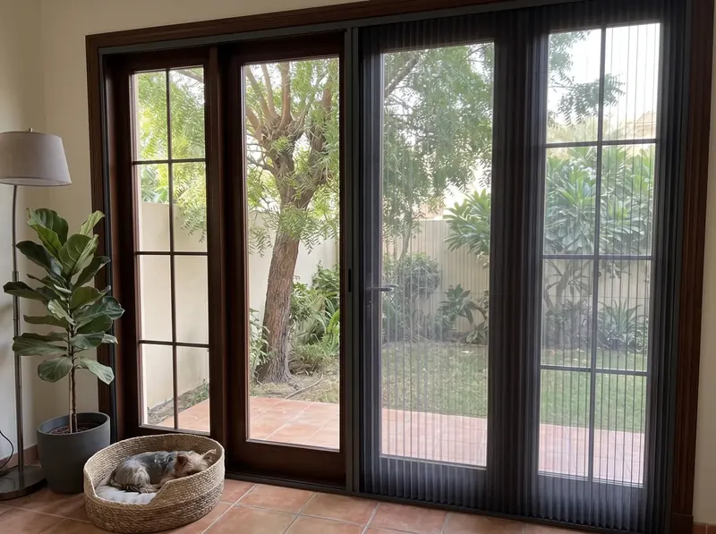 Pleated mosquito screen on the garden doors of a Mirdif villa, walled garden with a large tree
