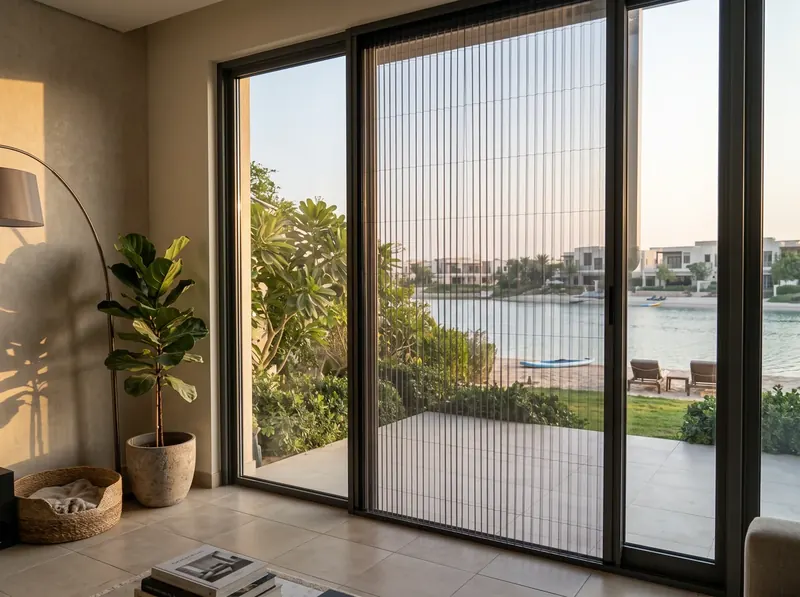 Pleated mosquito screen on the glass doors of a Tilal Al Ghaf villa facing the lagoon