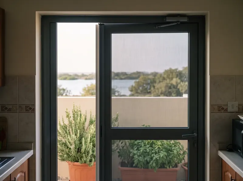 Hinged mosquito screen door on a low villa in Umm Al Quwain, lagoon and mangroves beyond the garden wall