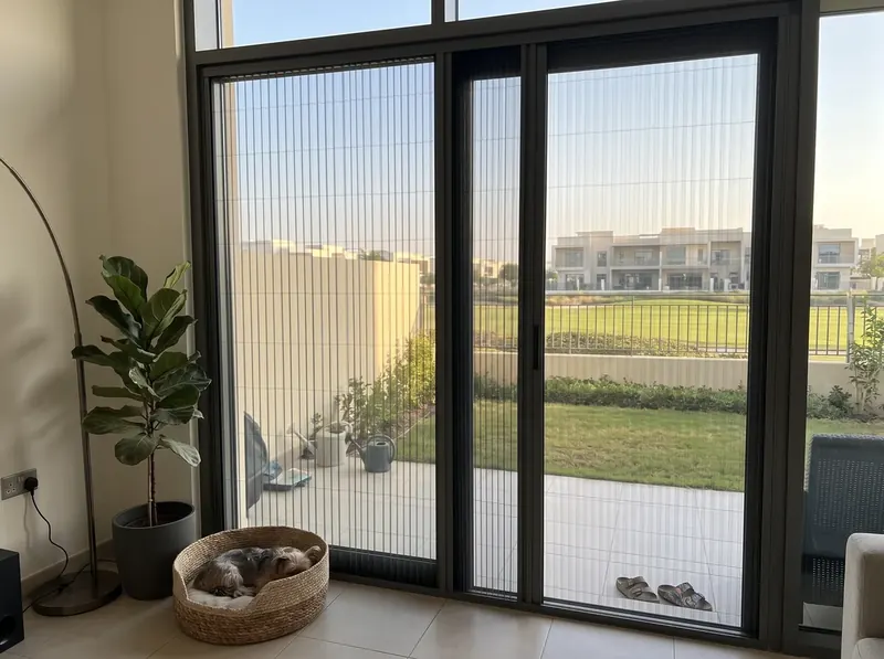 Pleated mosquito screens on the garden doors of a Yas Acres townhouse, golf fairway beyond