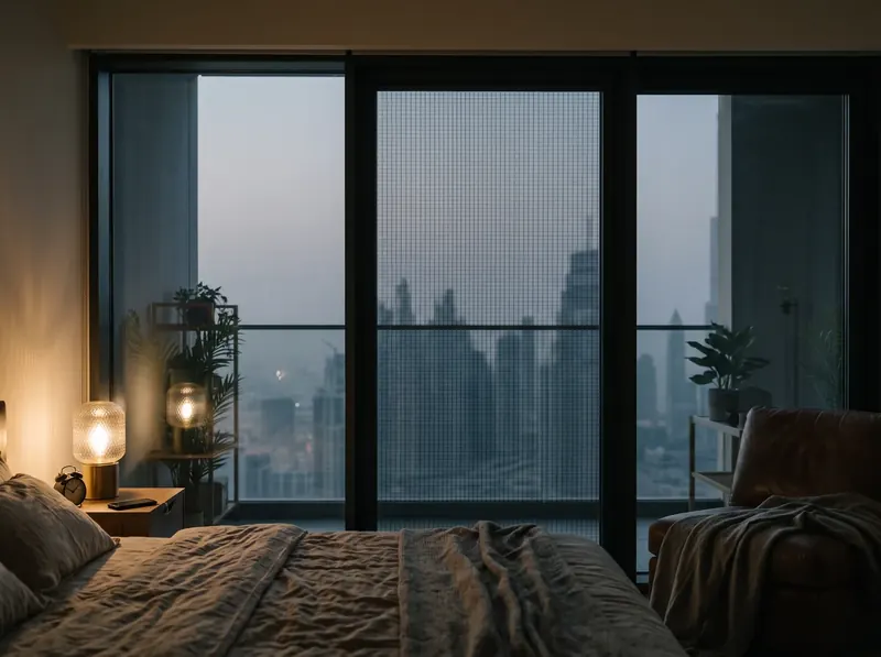 Blackout mesh in a fixed frame on a Dubai bedroom window, the room kept dim in the afternoon