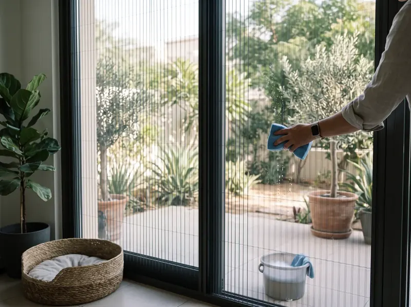 Wiping a pleated mosquito screen with a damp cloth, a bucket of soapy water on the floor