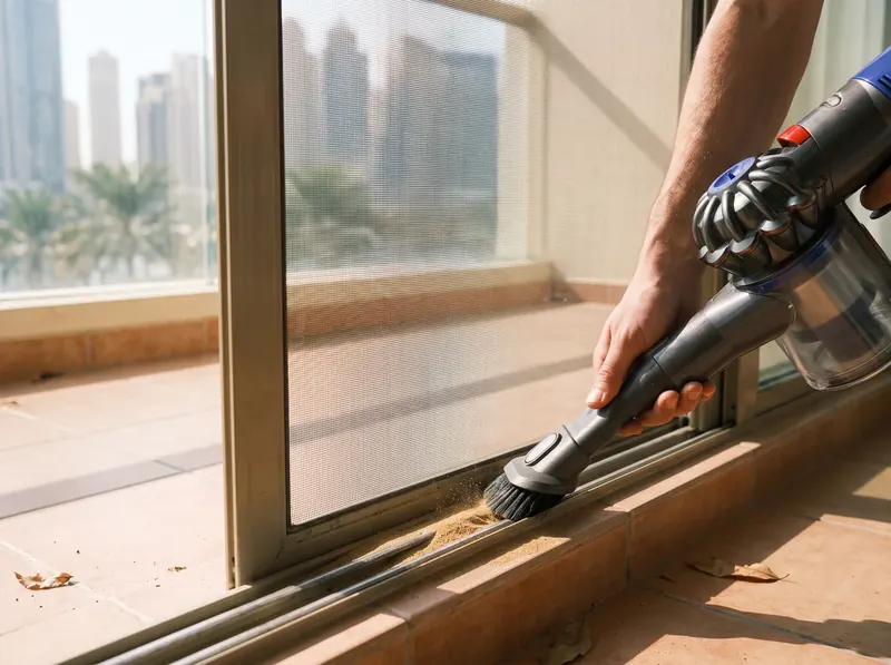 Soft brush vacuum clearing sand from the track of a sliding mosquito screen in a Dubai tower