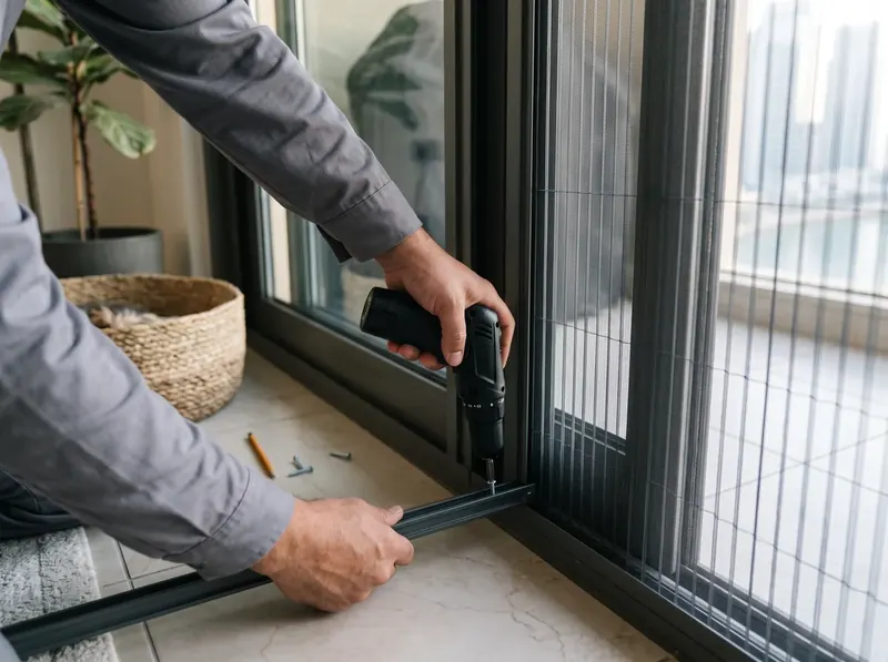 Installer fixing the bottom track of a pleated mosquito screen on a Dubai balcony door