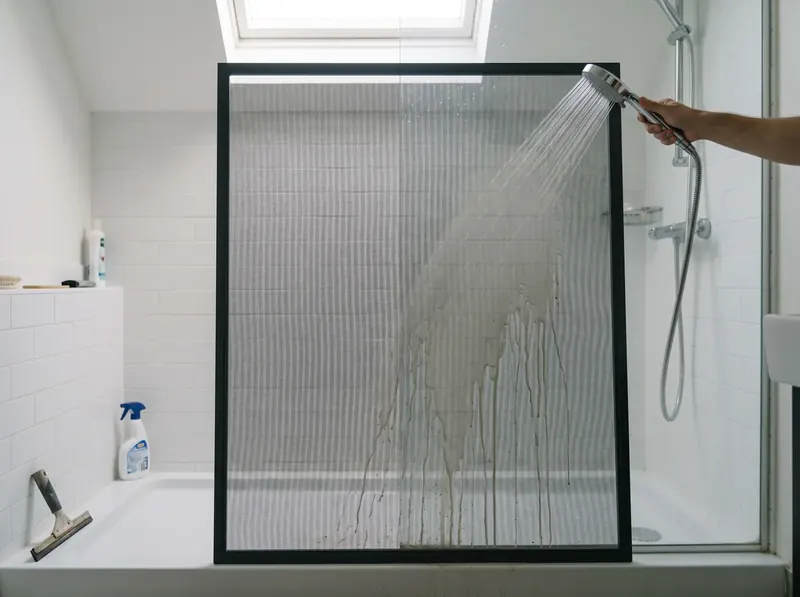 Fixed frame mosquito screen rinsed with a hand shower after a dust storm