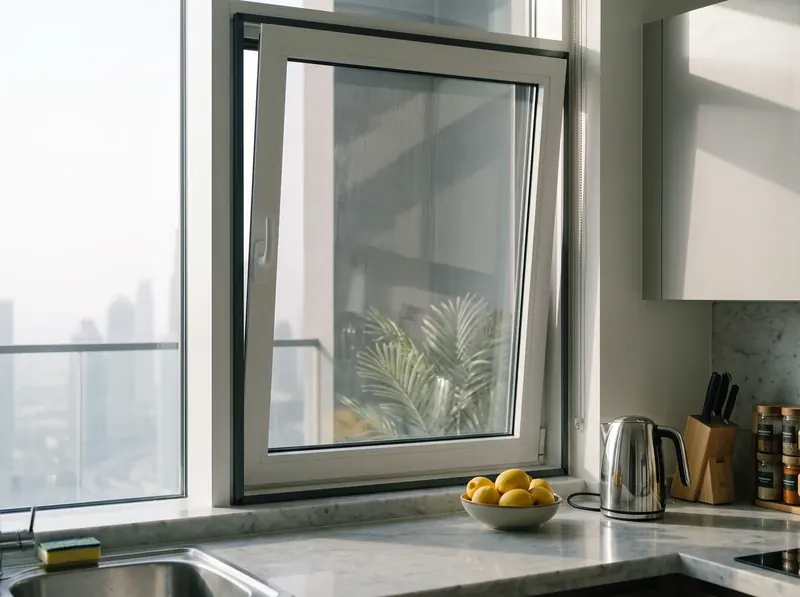 Fixed frame mosquito screen on the outside of a tilt-and-turn window in a Dubai villa, the sash open