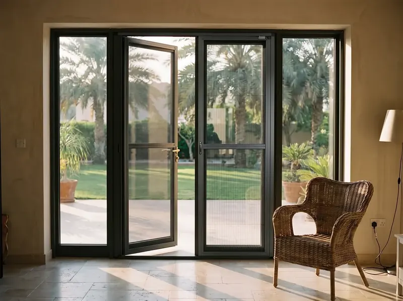 Hinged mosquito screen door on glazed French doors of a Dubai villa, the glass leaf opened