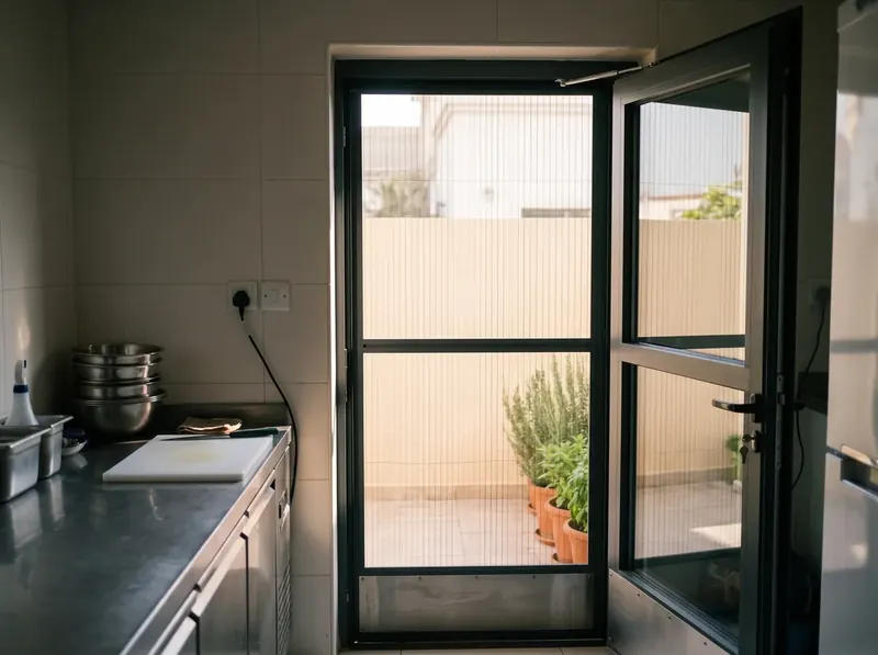 Hinged mosquito screen door with a kick plate on the back door of a Dubai restaurant kitchen