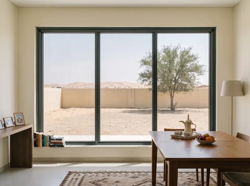 Mosquito screen on a window of a low villa in Madinat Zayed, desert and trees beyond