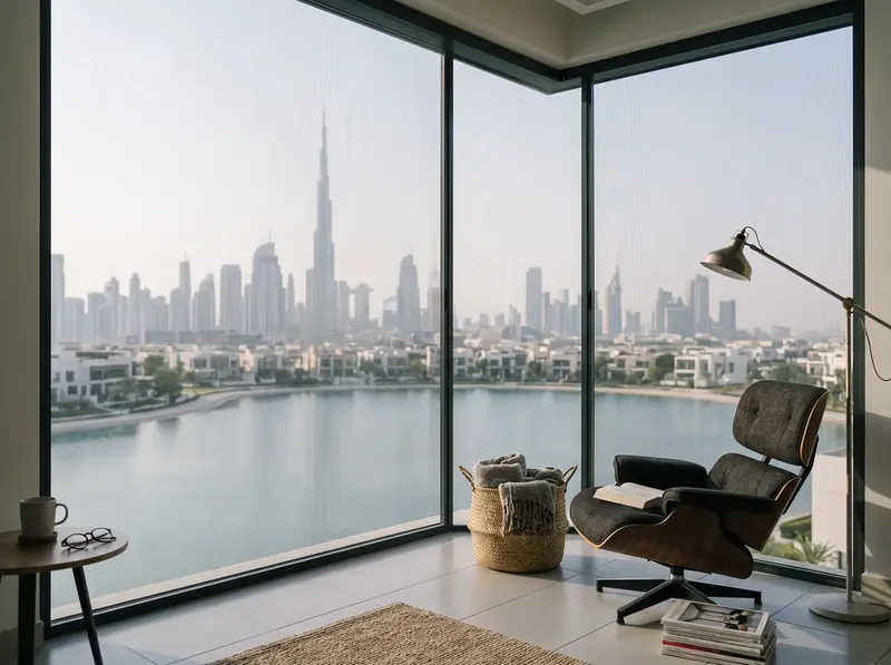 Fixed frame mosquito screen on a villa lounge window in Mohammed Bin Rashid City, lagoon and Downtown skyline beyond