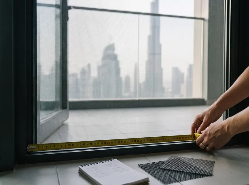 Measuring a Dubai balcony door opening with a tape measure, notes and mesh samples on the floor