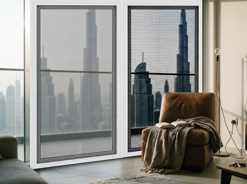 Grey and black fibreglass mosquito mesh side by side on a Dubai apartment window