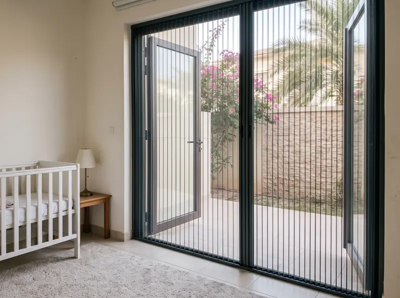 Nursery in a Dubai villa with pleated mosquito screens on the garden door