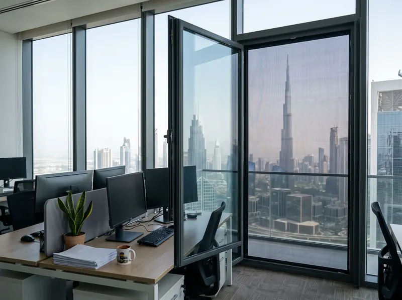 Opened office window in a Dubai tower with a fixed mosquito screen over the opening