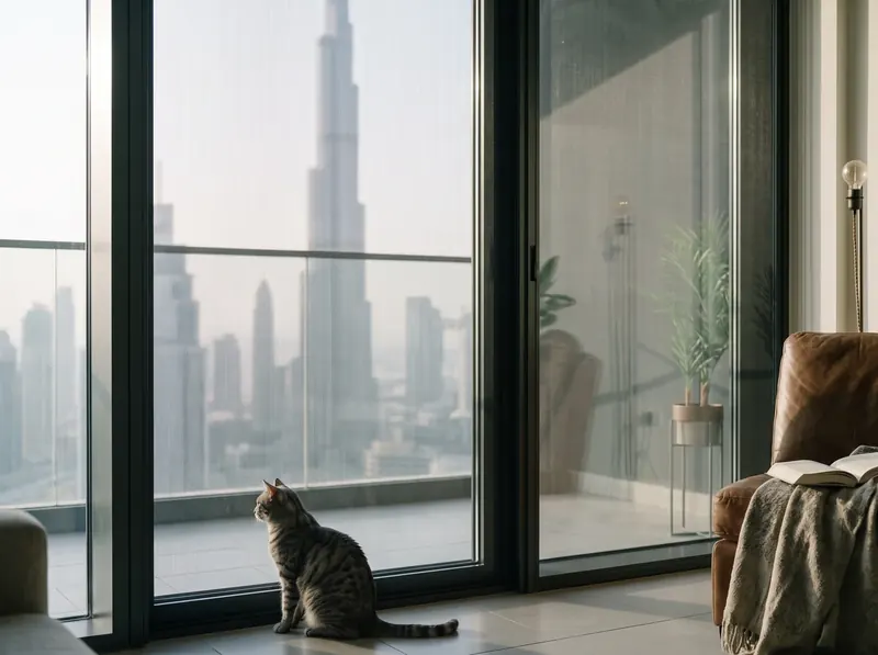 A cat looking out through a fixed pet mesh screen in a Dubai apartment