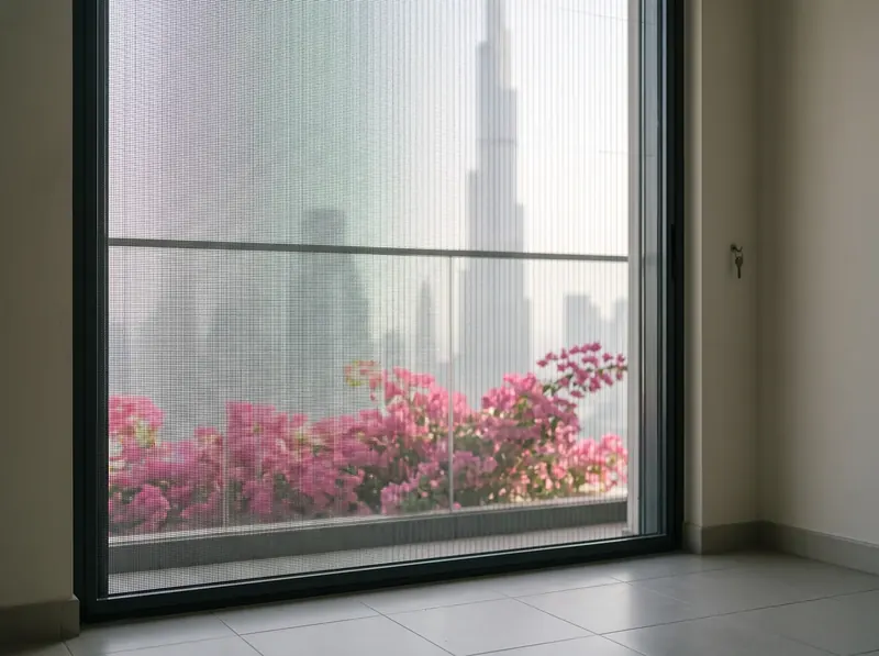 Very fine pollen filter mesh on a Dubai window, bougainvillea softened behind it