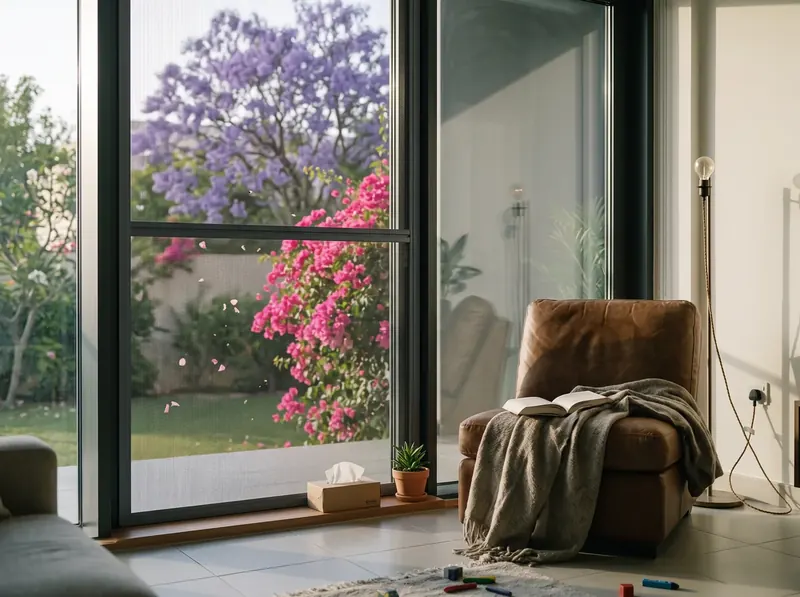 Pollen filter screen on a Dubai villa bedroom window, lawn and bougainvillea beyond