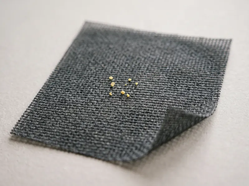 Swatch of dense pollen-filter mosquito mesh with a few grains of pollen on its surface