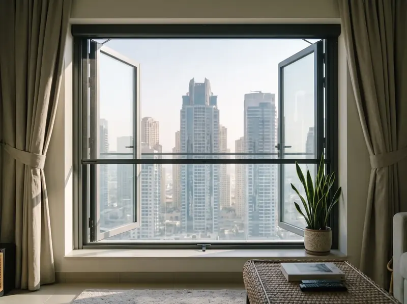 Roller mosquito screen on the room side of an outward opening casement window in a Dubai apartment