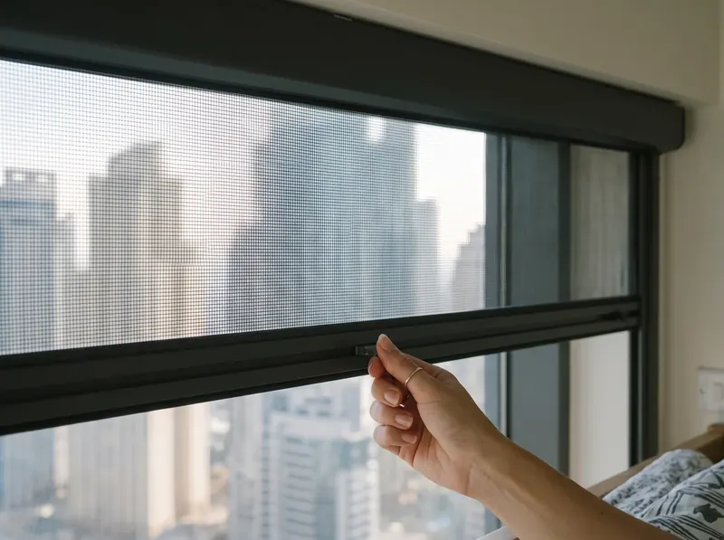 Hand pulling the bottom bar of a roller mosquito screen up to its cassette on a Dubai tower window