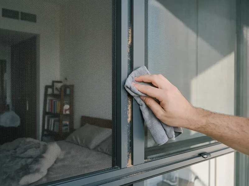 Hand wiping fine sand from the side rail of a mosquito screen on a Dubai apartment window