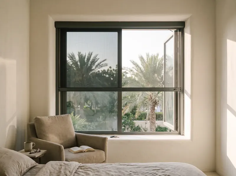 Roller mosquito screen with the cassette inside the deep window recess of a Dubai villa bedroom
