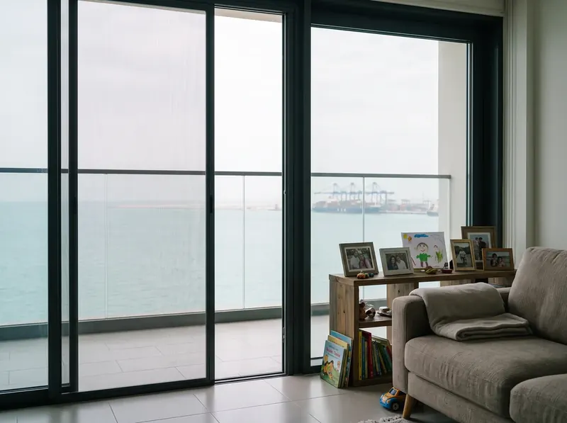 Sliding mosquito screen on a living room window in Ruwais, the Gulf and the port beyond