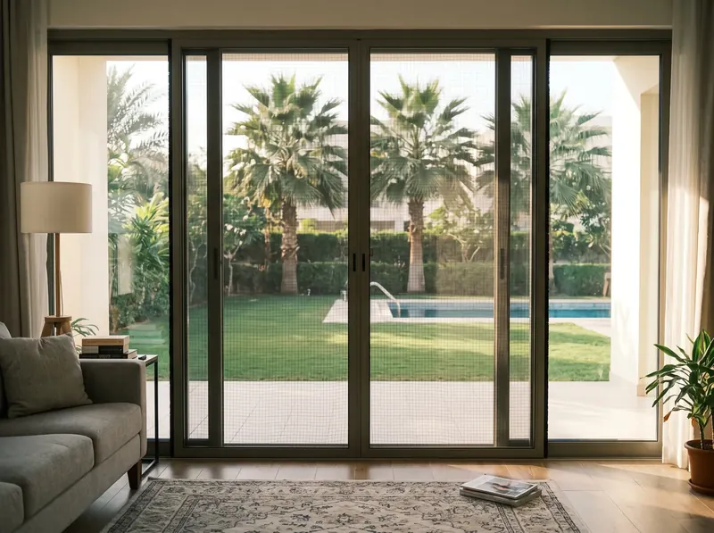Two sliding mosquito screens closed across a villa glass wall to the garden and pool