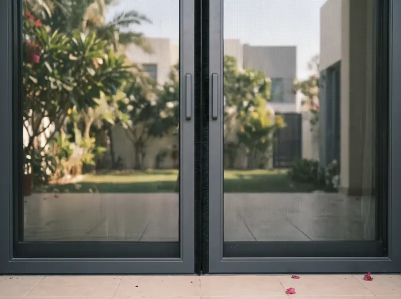 Two sliding mosquito screens meeting in the middle of a wide villa door