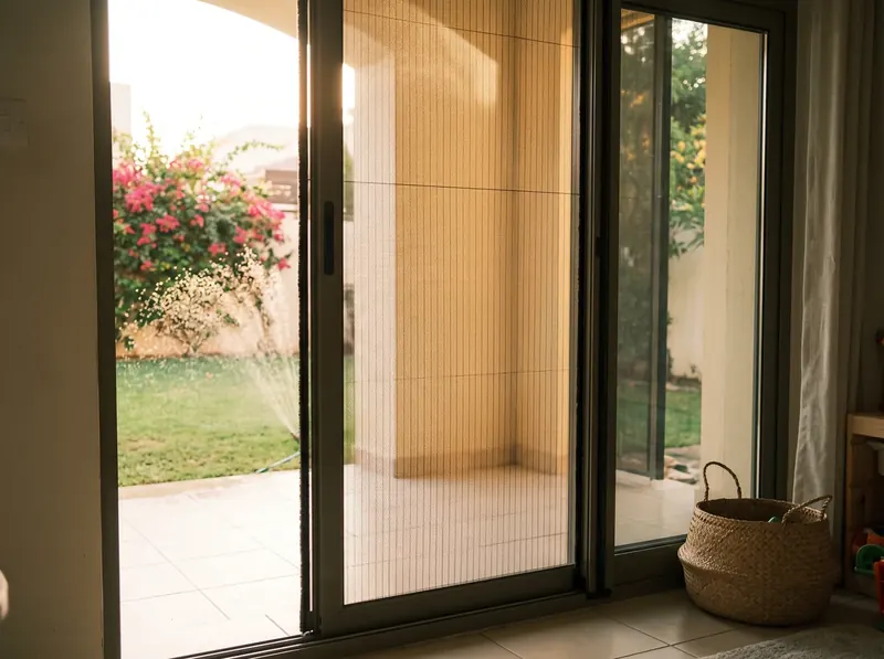 Sliding mosquito screen on a villa patio door with a watered garden and bougainvillea outside