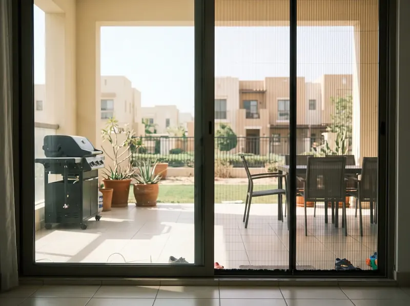 Sliding mosquito screen on a villa terrace door, barbecue and townhouses outside