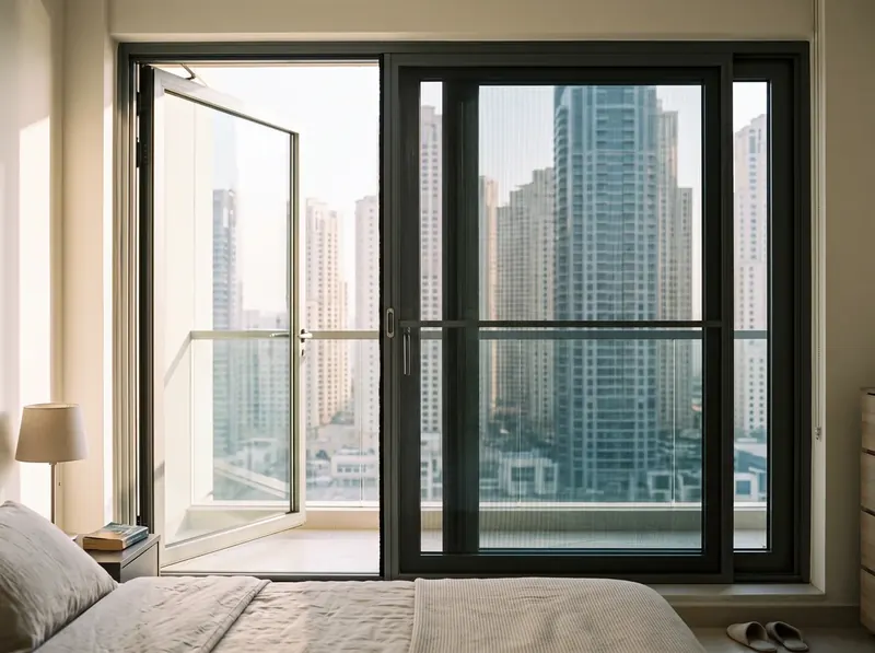 Sliding mosquito screen running in the track of a bedroom balcony door in a Dubai tower