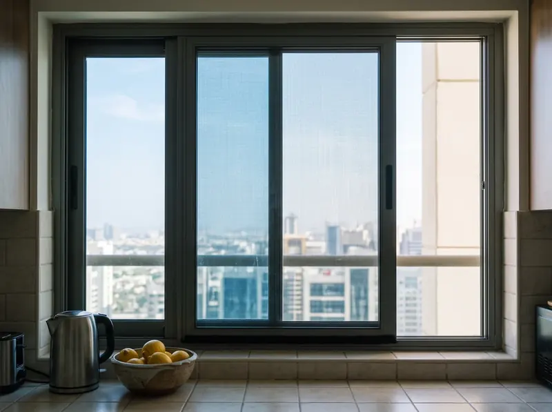 Sliding mosquito screen over a two leaf kitchen window in a Dubai tower apartment
